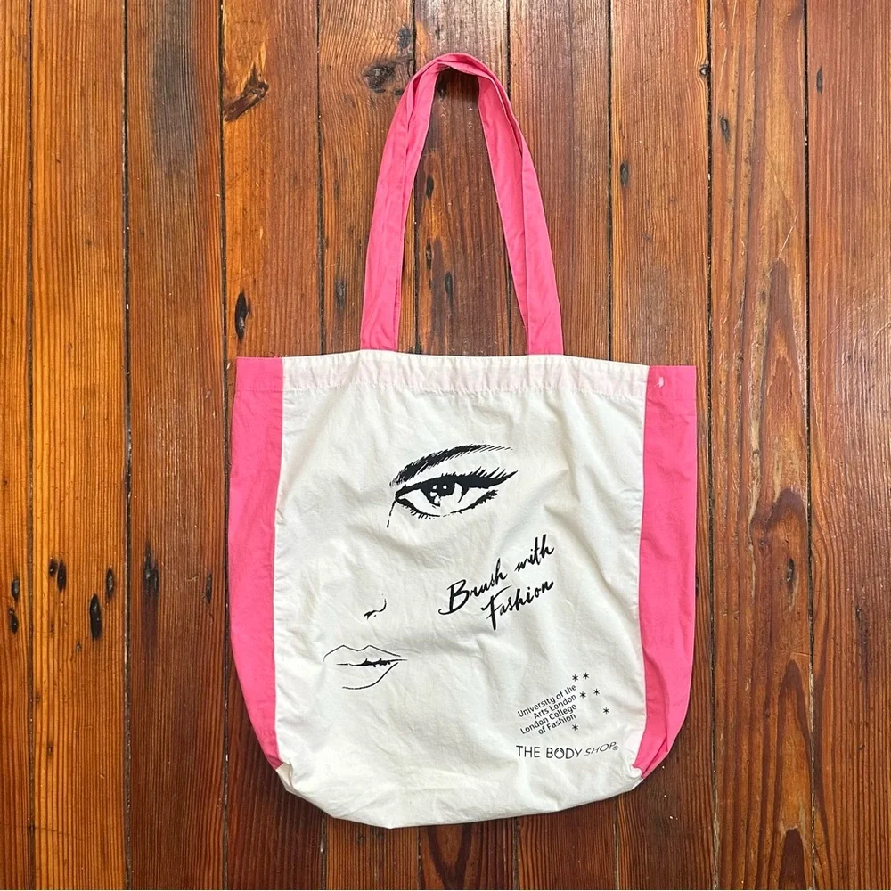 2008 The Body Shop cotton pink & white face tote bag 3x13.5x15